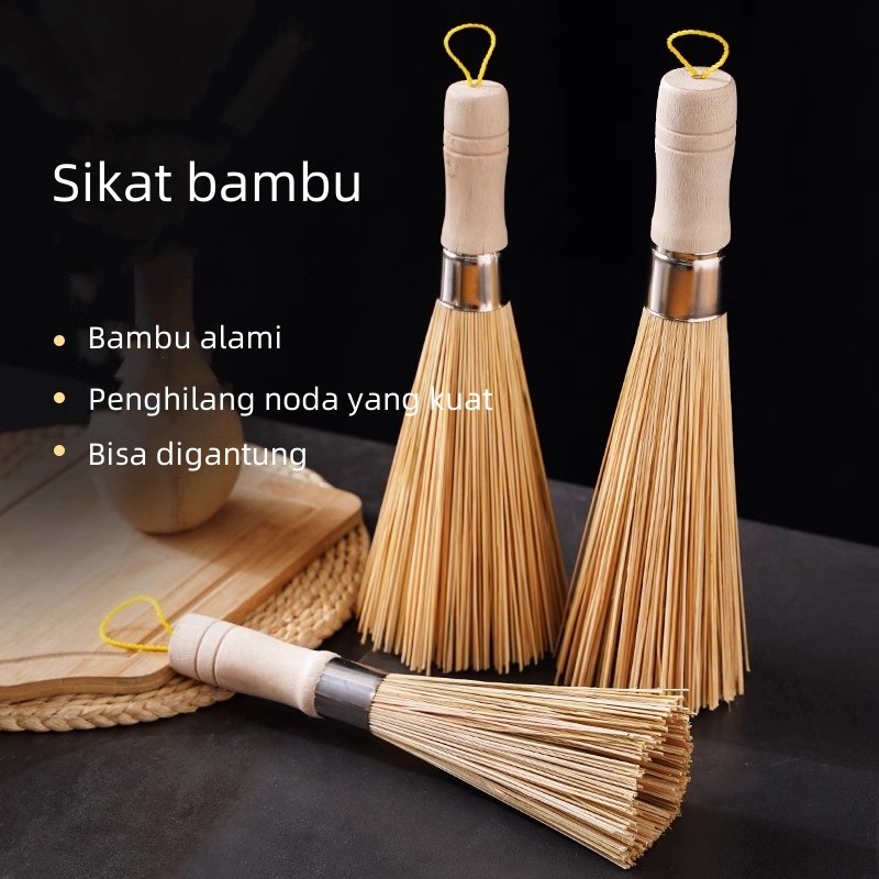 Sikat pot bambu, sikat bambu gagang panjang alami, sikat pot, tidak merusak pot dan piring, artefak 