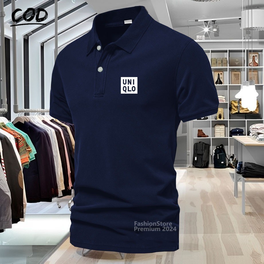 Baju Distro Polo Kerah Uniqlo + Lengan Text Putih Kaos Polo T Shirt Denim Premium Quality Atasan Pri