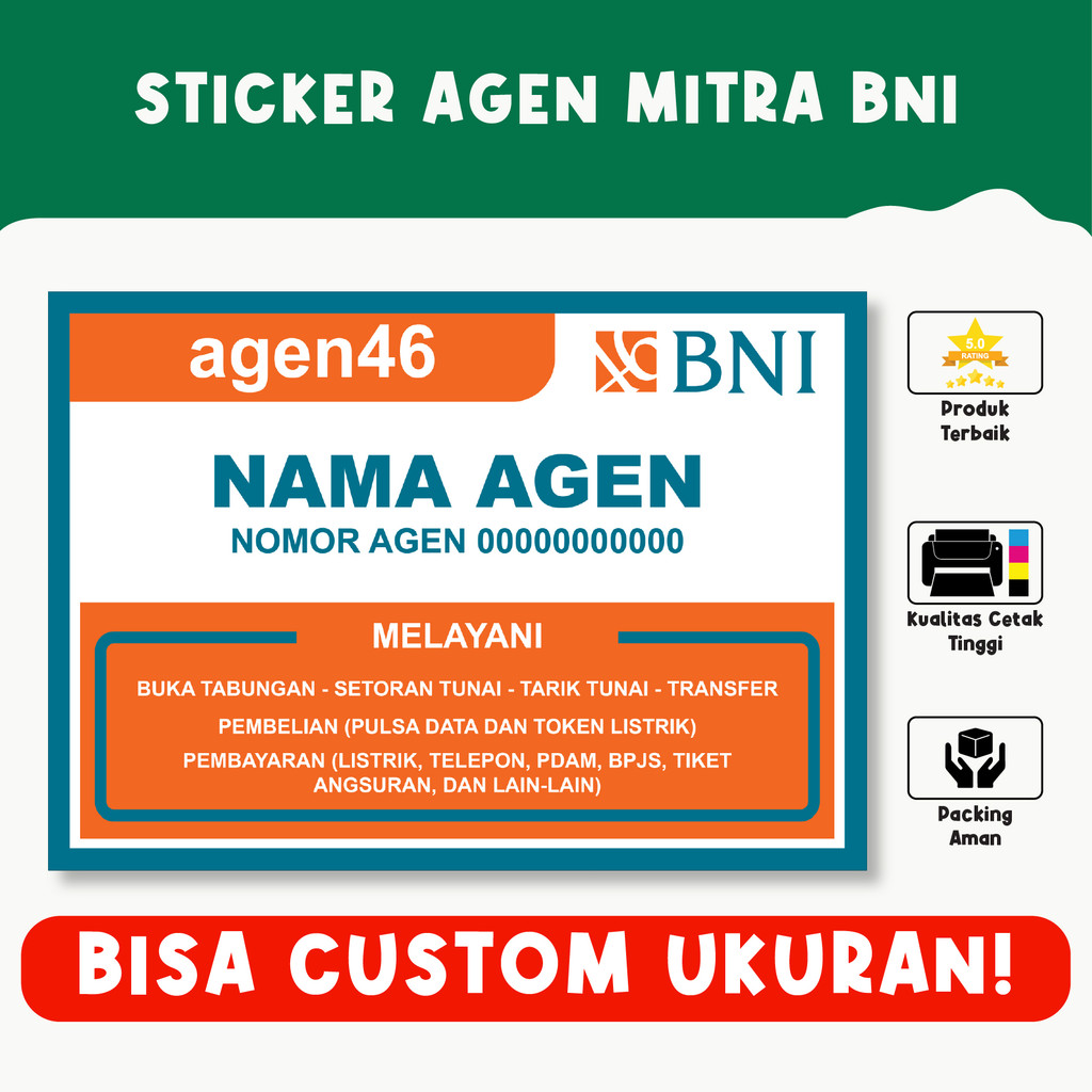 

Sticker Agen Mitra Agen BNI BRI BRILink Mandiri BCA BSI – Identitas Resmi, Vinyl Premium, Custom