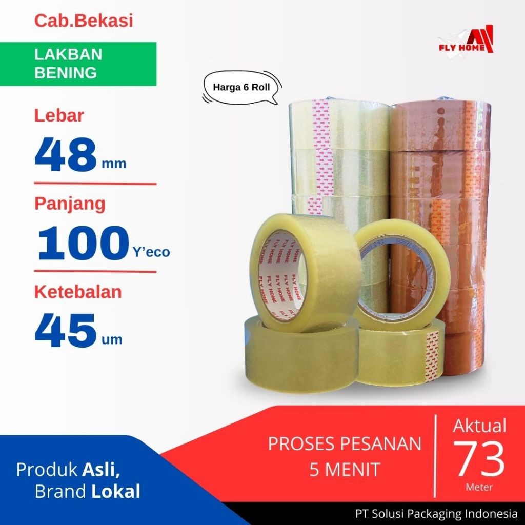 

FLYHOME 6Roll Lakban Bening 48x100Y 2inchi Solasi Uk Besar ECO 100 yard