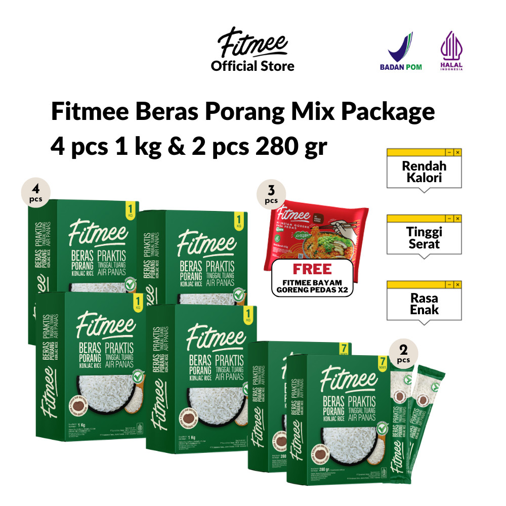 

Fitmee Happy Bundle - 4 Box 1 kg & 2 Box Sachet Beras Porang free 3 Fitmee Mie Bayam Goreng Pedas 65 Gr