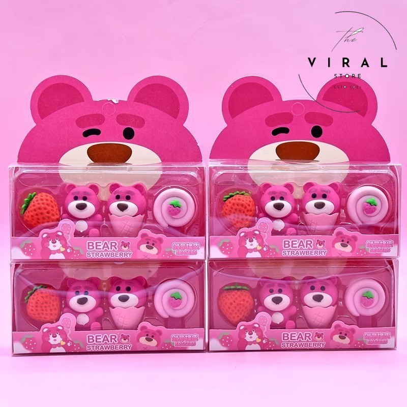 

HYPE N FANCY ER-1057 HAPUSAN BOX MIKA KARAKTER KARTUN BERUANG LOTSO STOBERI CAKE 1 SET ISI 4 PCS KARET PENGHAPUS SETIP MINIATUR LOTSO BOX MEWAH