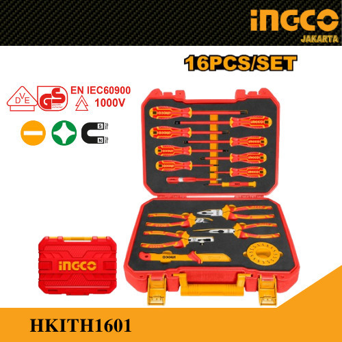 Toolkit Set Listrik 16-Pcs Insulated Hand Tools Set INGCO HKITH1601 Perkakas Anti Listrik Tang Obeng
