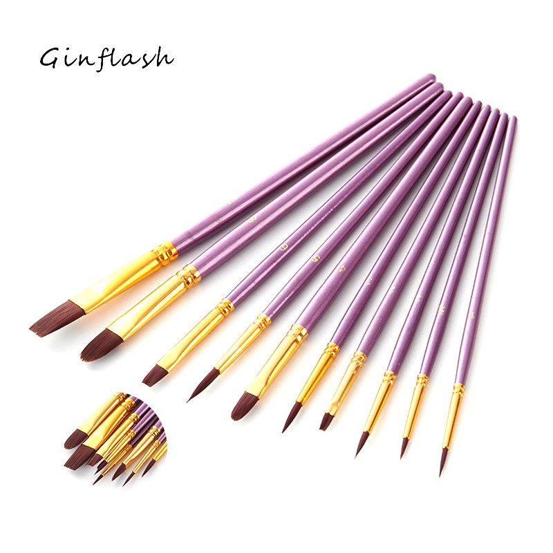 

Ginflash 10Pcs/Set Watercolor Gouache Paint Brushes Different Shape Round Pointed Tip Nylon Hair Painting Brush Set Art Supplies