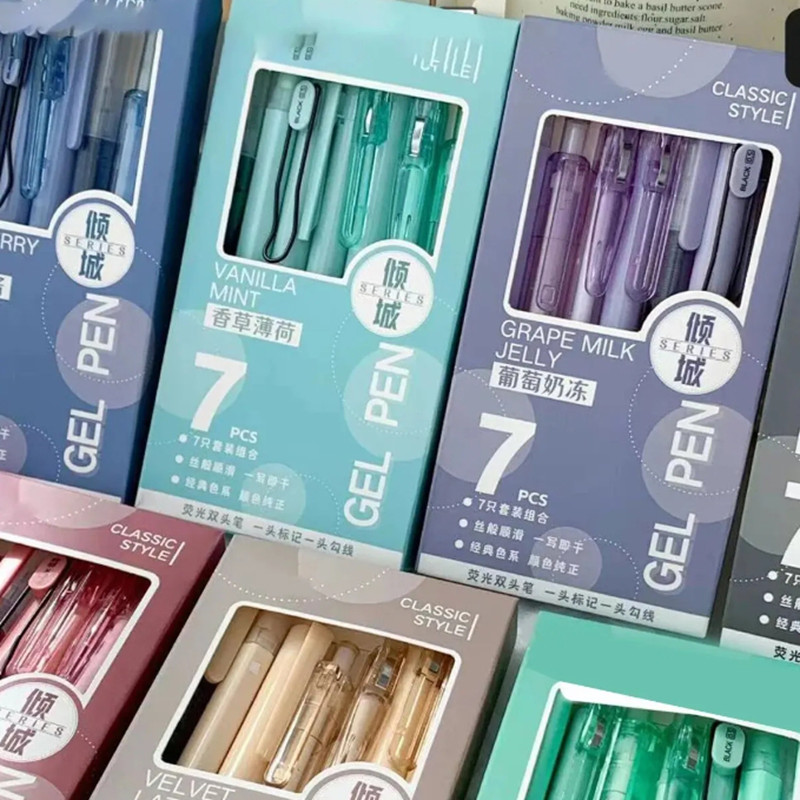 

7Pcs/set Press Gel Pens Sets Colorful Highlighter Markers Cute School Supplies Stationery Items Aesthetic for Girls Kids Gift