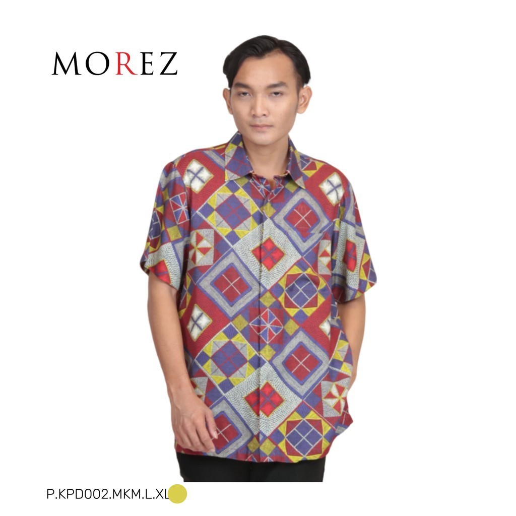 Kemeja Hem Lengan Pendek Pria Warna Merah Kuning, Rayon Twill Motif Tenun Geometris Etnik, Eksklusif
