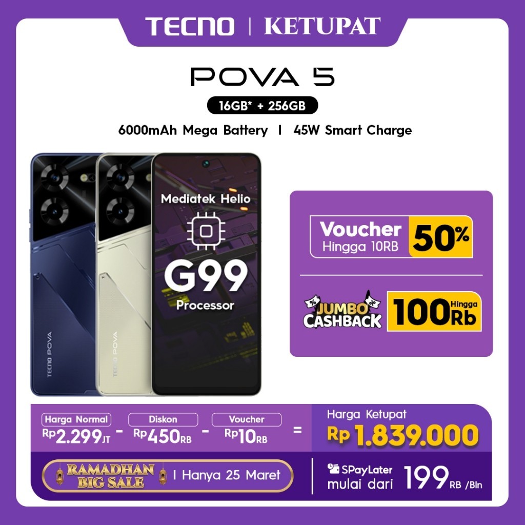iA Ponsel TECNO POVA 5 - 8+8GB*+256GB, Helio G99,45W Flash Charging+6000mAh, 120Hz+6,78" FHD, Hard G