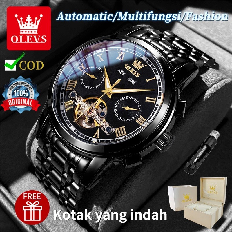 OLEVS Jam Tangan Automatic Pria Anti Air Original Tahan Keren Led Terbaru 2023 Luxury Stainless Watch Men Hitam Biru Hijau Cod