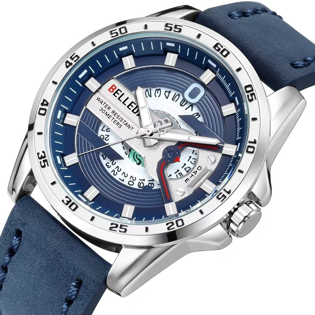 Jam Tangan Pria Belleda 9382 Tali Kulit Man Watch  Fashion Anti Air Garansi Original Bisa COD