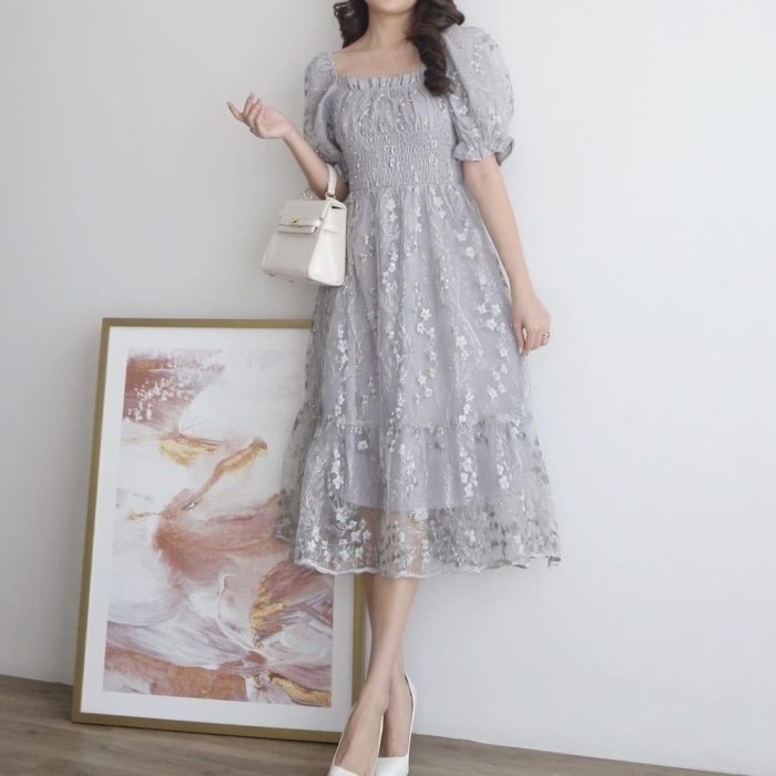 dress melodi abu XL Baju pesta brukat gaun remaja viral murah mel at