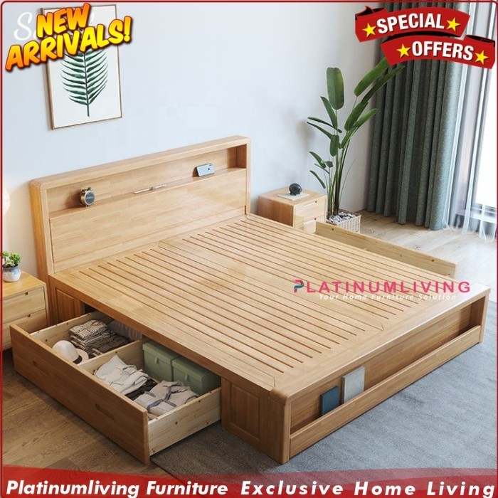 Dipan laci minimalis kayu jati terbaru tempat tidur laci warna natural - 140 x 200