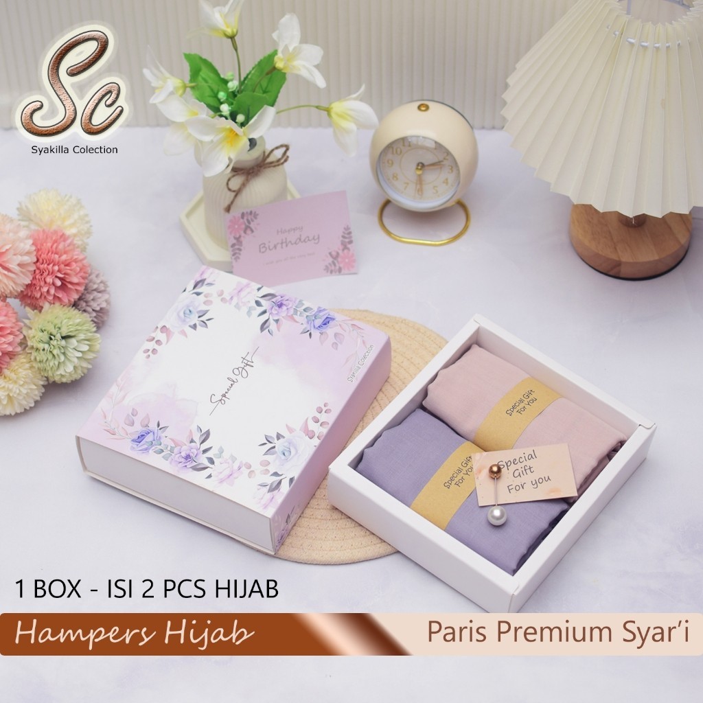 Terlaris ~Hampers hijab Paris Segiempat Paris Premium Syar'i | Giftbox kado,hadiah guru,ulang tahun,