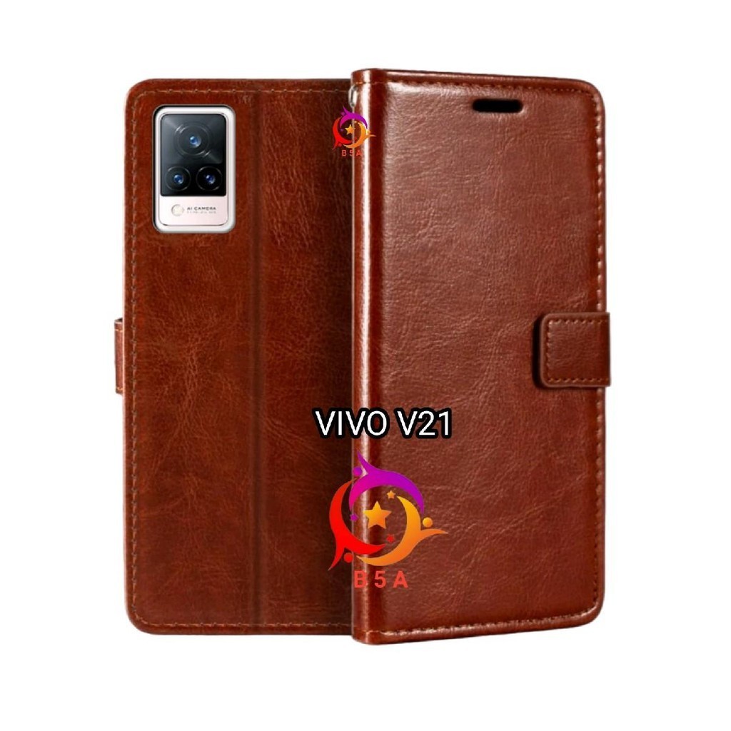 Case VIVO V21 Flip Cover Wallet Leather Casing Dompet Kulit ( Case Untuk-Vivo V21 ) Slot Card Warna 