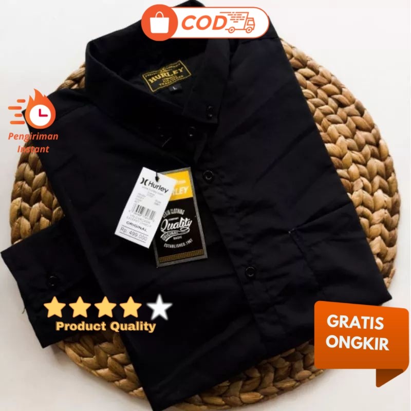Hurley Kemeja Pria  Kemeja cowok polos lengan panjang slimfit hem pria polos kantor hitam