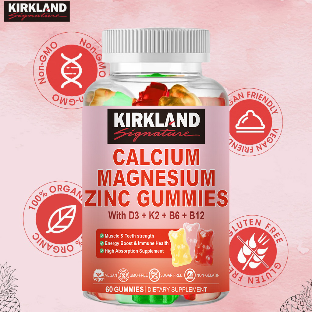 Calcium Magnesium Zinc Gummies 60pcs with Vitamin D3 K2 B6 B12 Supports Bone Health, Nerve Immune Fu