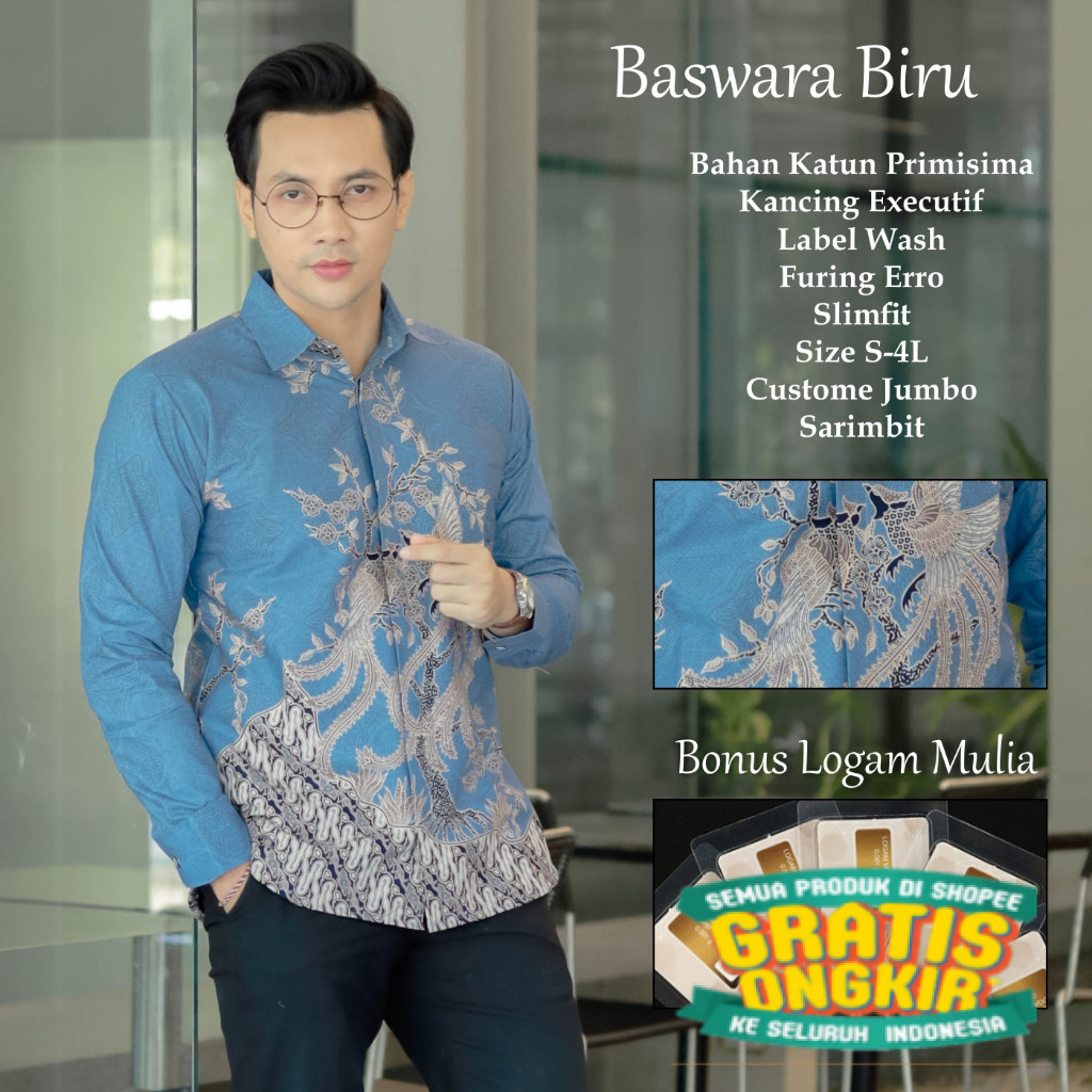 PERKASA BATIK Motif Baswara Biru Kemeja Batik Pria Lengan Panjang Furing Erro Warna Ice Blue Hem Kon