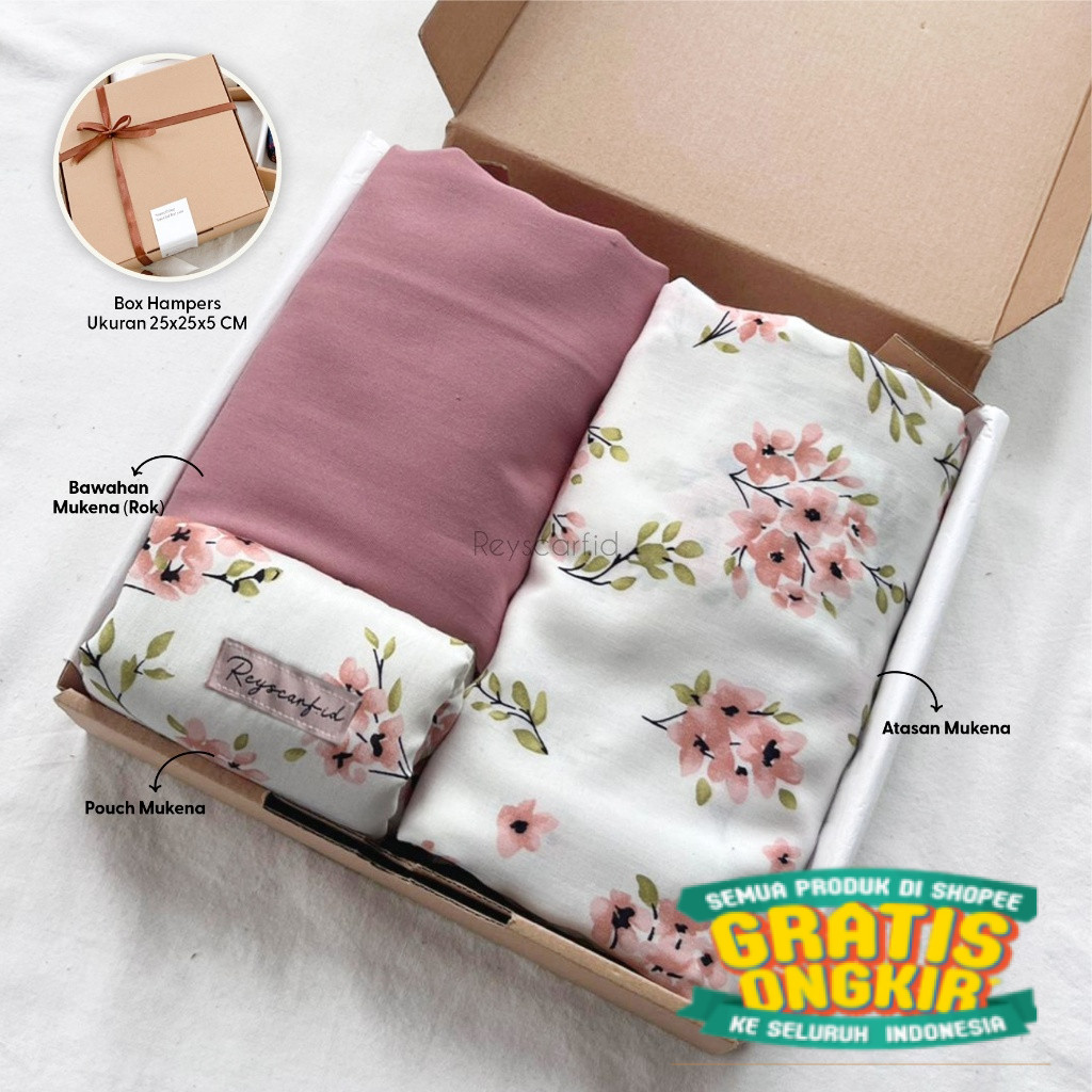 

Paket Hampers Mukena Amira 2in1 Series by Reyscarf.id Gift Box Untuk Orang Tersayang Kado UlangTahun/ keluarga oleh oleh