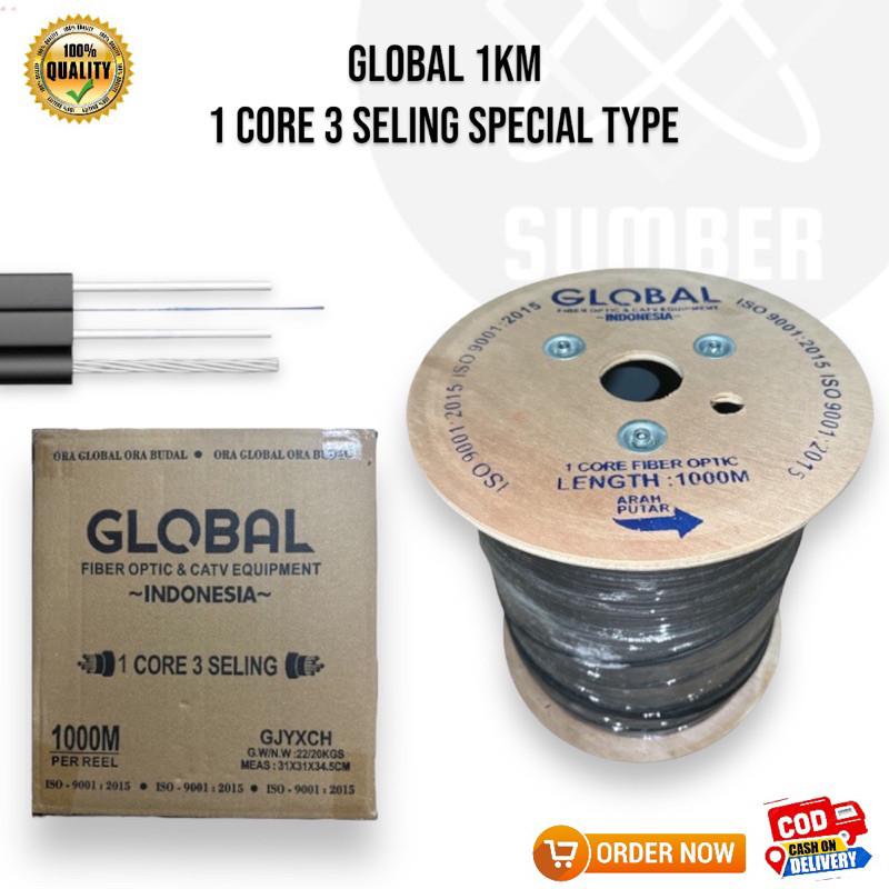 GLOBAL KABEL FO 1 CORE 3 SELING 1 KM | DROPCORE FIBER OPTIC FO 1 CORE 3 SELING 1000 METER