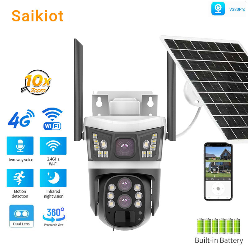Saikiot V380 Pro 12 4G 3 Lens 3 Screen Solar PTZ Camera WIFI Solar Powered CCTV Security Outdoor Wat