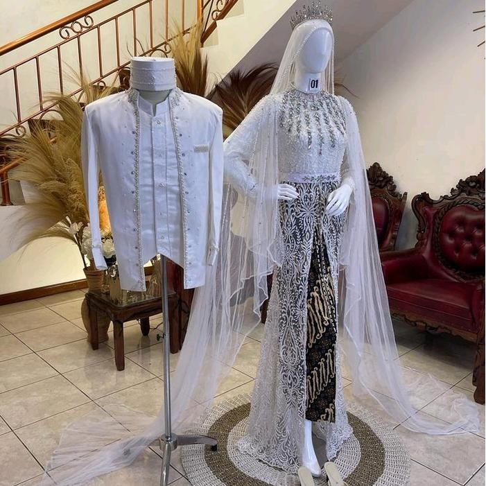 sepasang kebaya akad nikah / baju akad couple - putih bw1, L