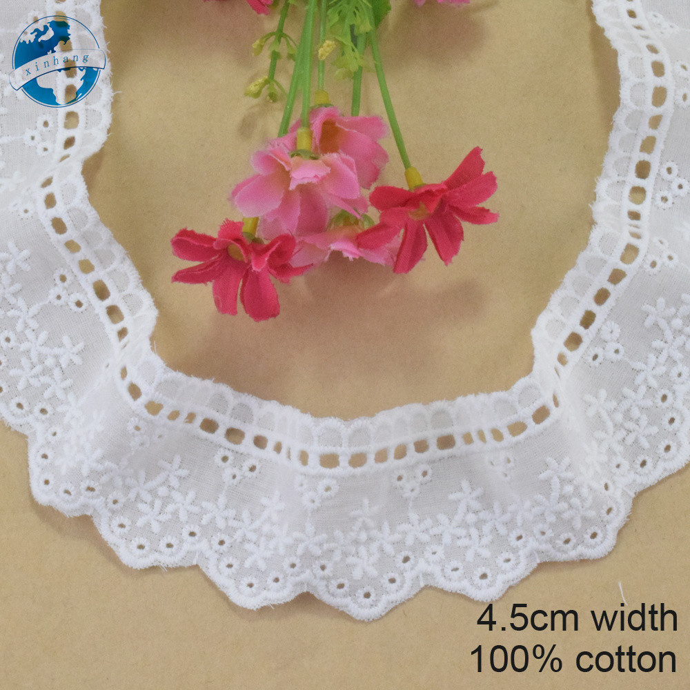 

4.5cm Wide Embroidery White Lace 100% Cotton Fabric Sewing Ribbon Trim Wedding Dress DIY Dolls Colthes Curtain Accessories #4317