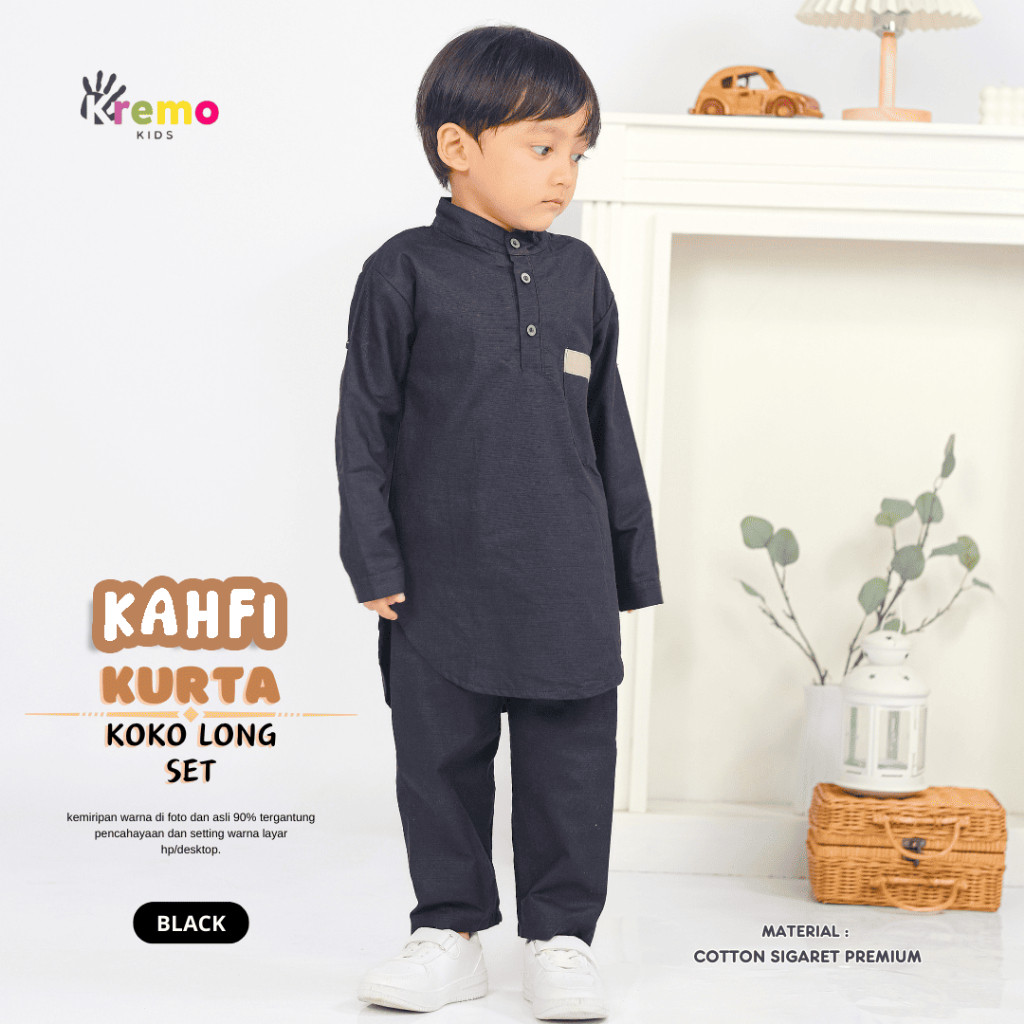 Kremo Kids - Baju Koko Kurta Panjang Anak Laki Laki Kahfi Series 1 - 12 Tahun (Black)