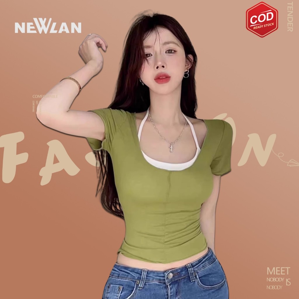 Newlan ZZ115 Women U Neck Slim Fit Crop Top T-Shirt Casual Women's Square Neck Basic Crop Top Shirt 