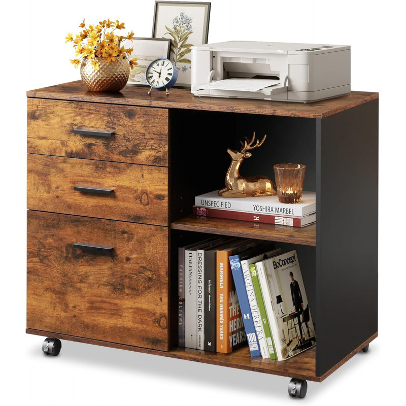 

3 Drawer Wooden Filing Cabinet,Mobile Horizontal File Cabinet,Printer Bracket with Open Storage Rack,Suitable for Home Office