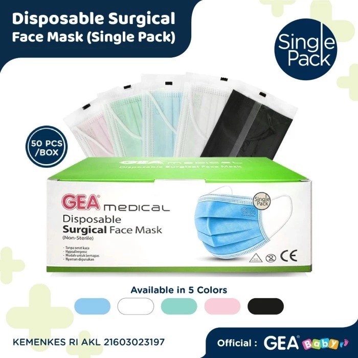 GEA Masker Earloop Single Pack 3ply Isi 50 Pcs Per Box