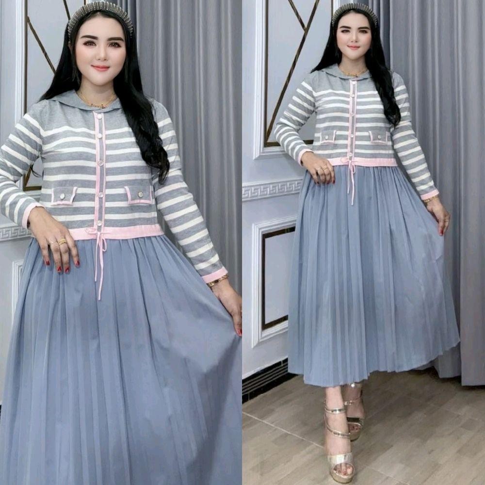 Baju Wanita Midi Dress 2343 Jihan Bahan Rajut Soft Knit Mix Plisket Ld 110 Pb 115