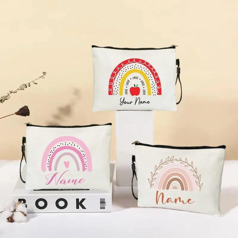 

Custom Personalized Name Text Rainbow Makeup Bags Mistress Teacher's Gift Cute School Supplies Pencil Pouch Travel Toiletry Kits