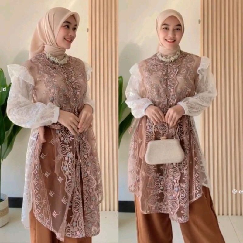 Eshantai Big Size Renita L-XXXXL One Set Kondangan Mewah Outer Muslim Baju Lebaran Tunik Panjang LD 