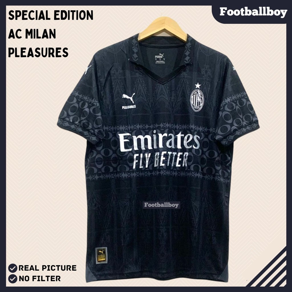JERSEY BAJU BOLA AC MILAN FOURTH 4TH 2024 SPECIAL EDITION PLEASURES BLACK HITAM GRADE ORI IMPORT