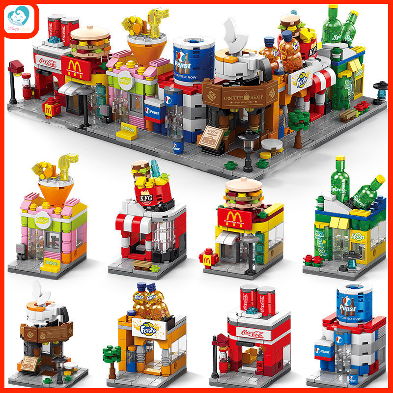 KangBabe Mainan Brick Toko Mini Street Stores Makanan Minuman Soda Coffee Fast Food City Buat Hadiah