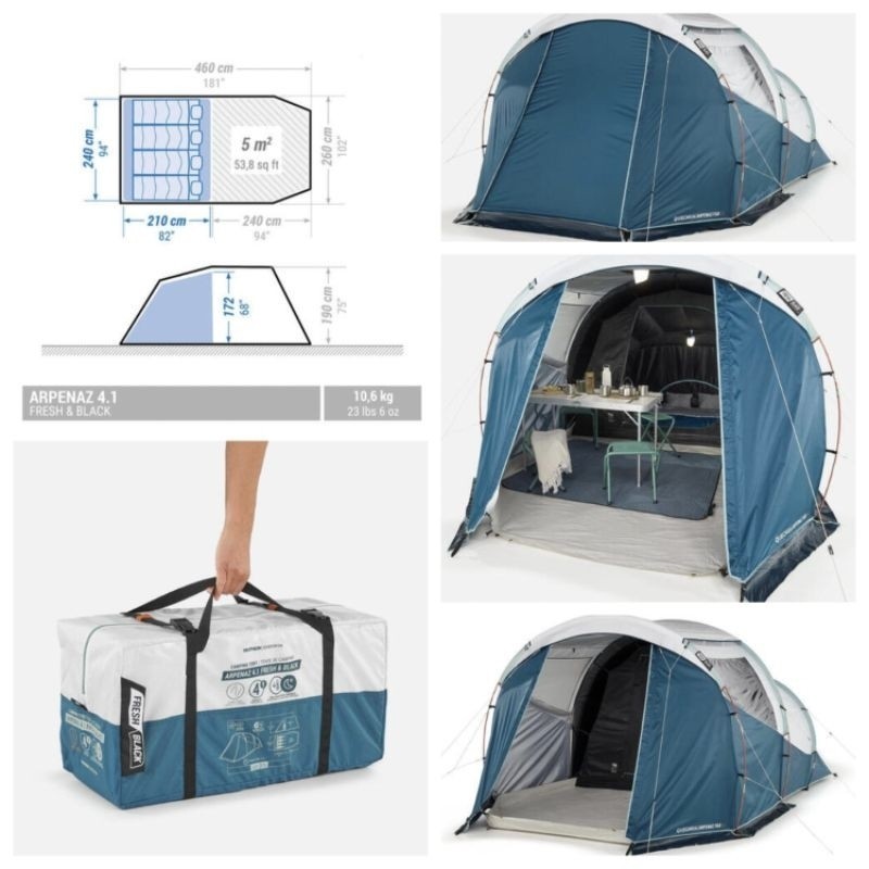 Tenda camping/kemah keluarga Quechua Arpenaz Family 4.1 F&B (Fresh & Black)