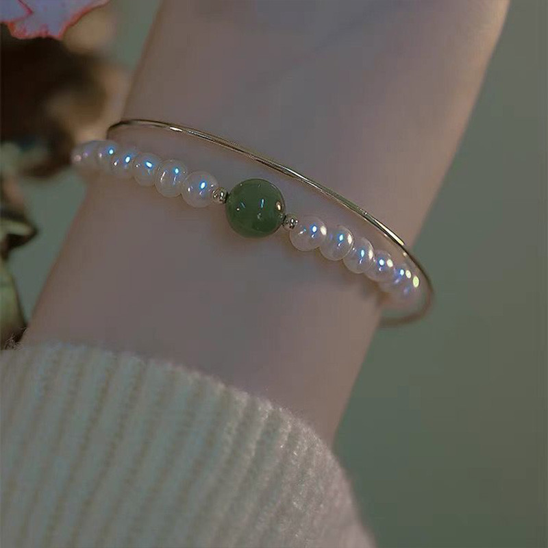 COD❤️Gelang Mutiaria Pearl Tangan Batu Giok Hetian Elegan Fashion Cina Gaya Akasia Bentuk Kacang Unt