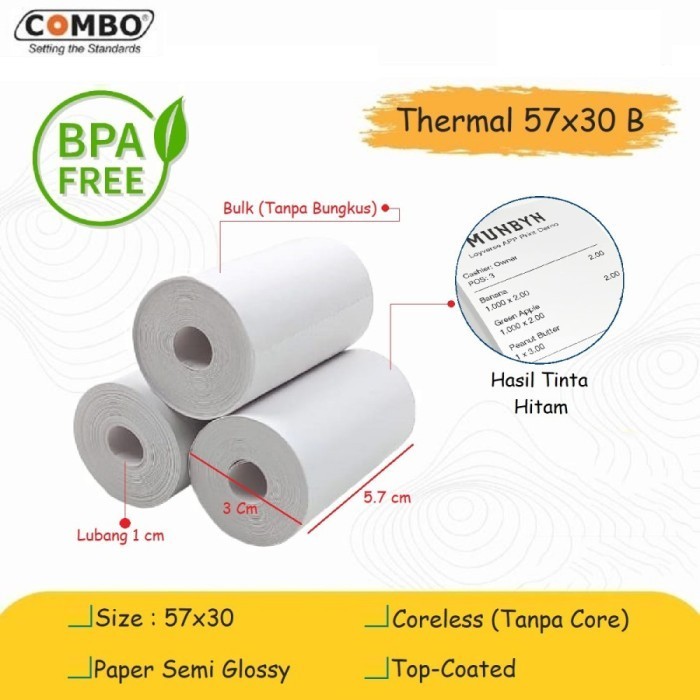 

Kertas Thermal Combo 57 x 30 B / 57x30 mm EDC Struk Kasir Register Paper Roll