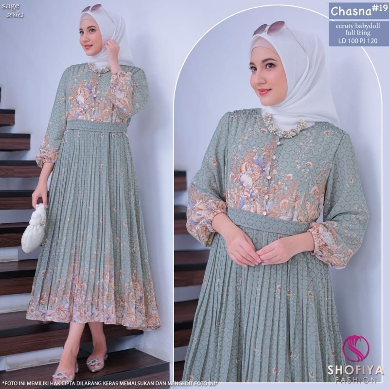 CHASNA MIDI DRESS GAMIS MUSLIM MOTIF matt ceruty babydoll plisket premium ORI BY SHOFIYA FASHION
