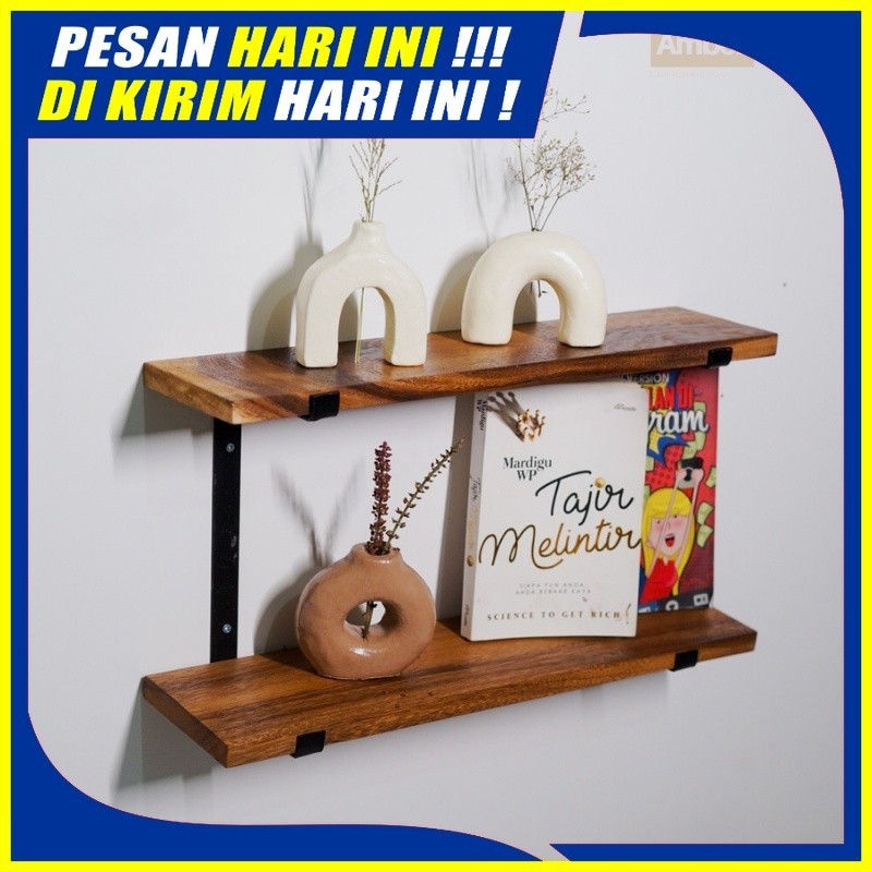 (H106) Tempat Rak Siku Ambalan Dinding Kayu Besi 2 Tingkat Panjang 40cm 50cm 60cm Minimalis