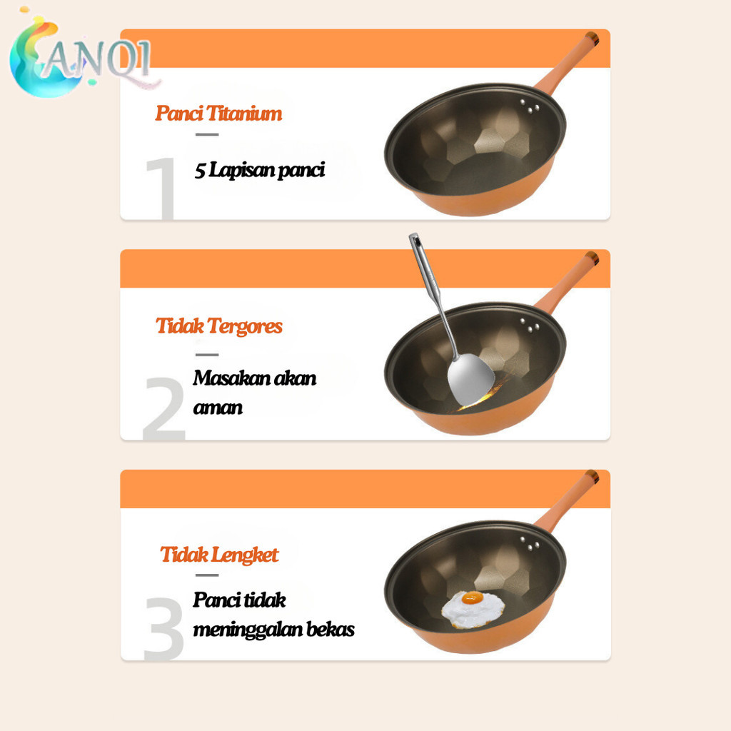 ID ANQI SHOP WAJAN TEFLON PAUS ANTI LENGKET DOUBLE BOTTOM TEFLON TITANIUM 32CM / COOK & CLEAN WOK
