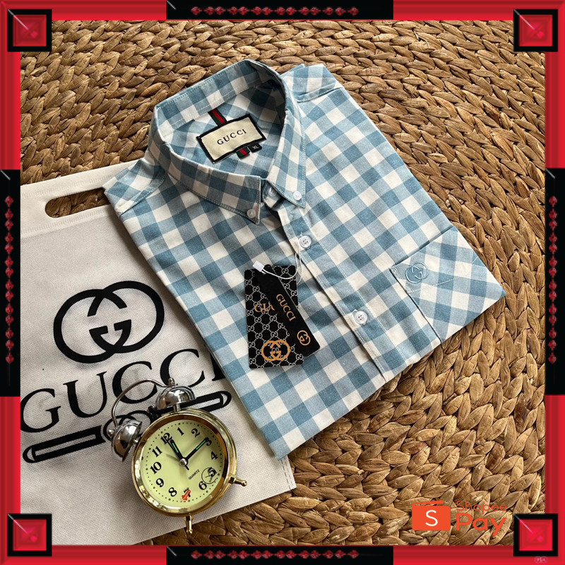 KAIN ADEM LEMBUT HALUS TEBAL / Kemeja JUMBO GUCCI Original | Kemeja GUCCI  kotak Lengan pendek| Keme