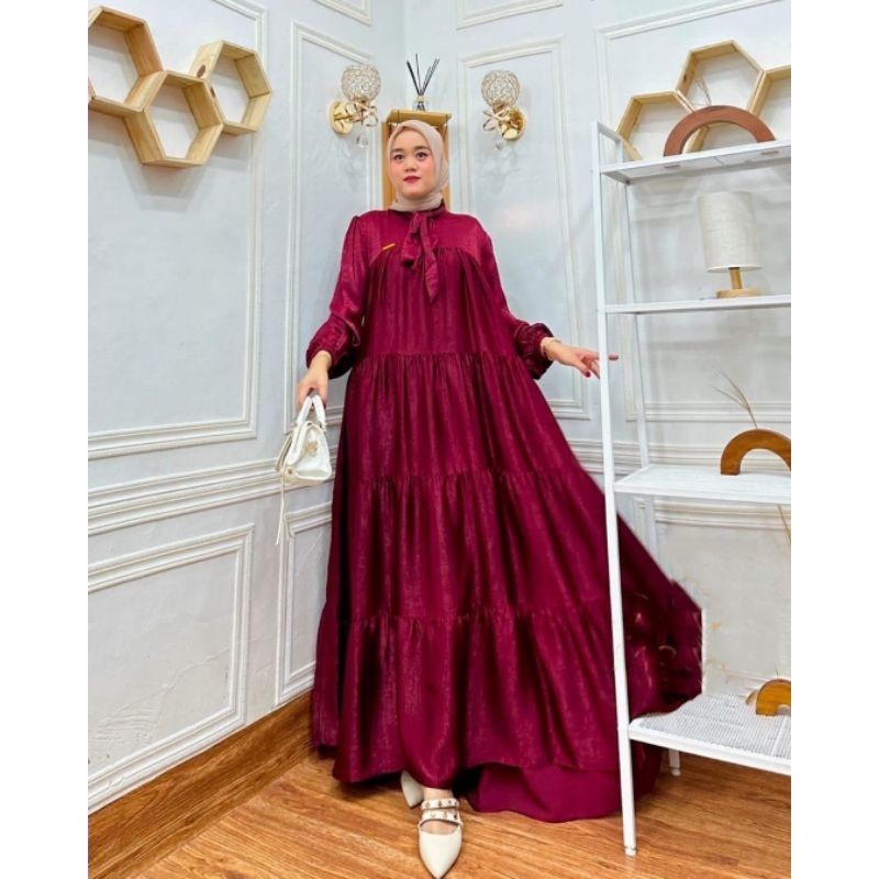 Baju Gamis Rempel Susun Terbaru Dress Kondangan Wanita Kekinian Shimmer Premium Polos Busui Hitam Ma