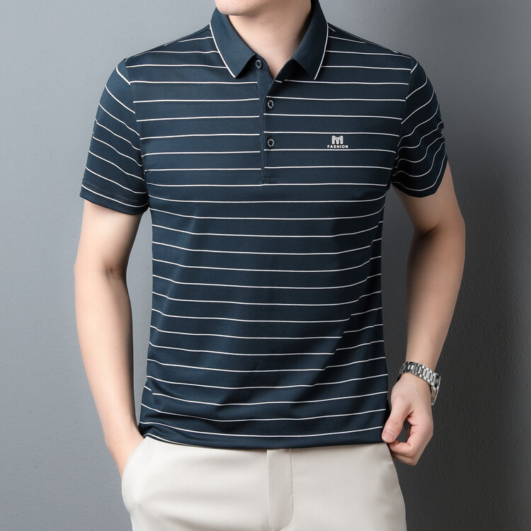 Kerah Kaos Lengan Pendek Pria Bergaris Kasual Ayah Polo Polo Putih