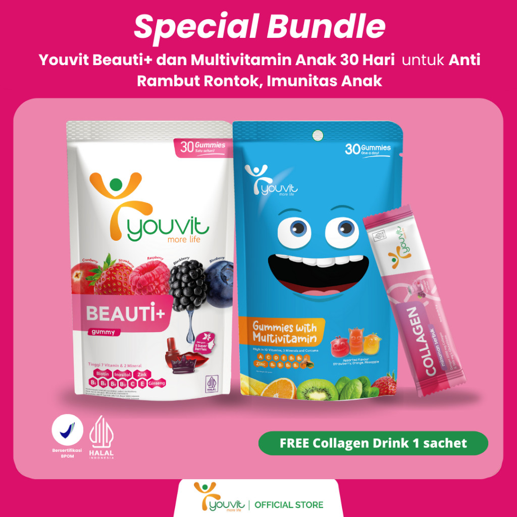 Youvit Beauti+ & Multivitamin Anak 30 Hari untuk Rambut Rontok dan Tumbuh Kembang Anak GRATIS Stiker