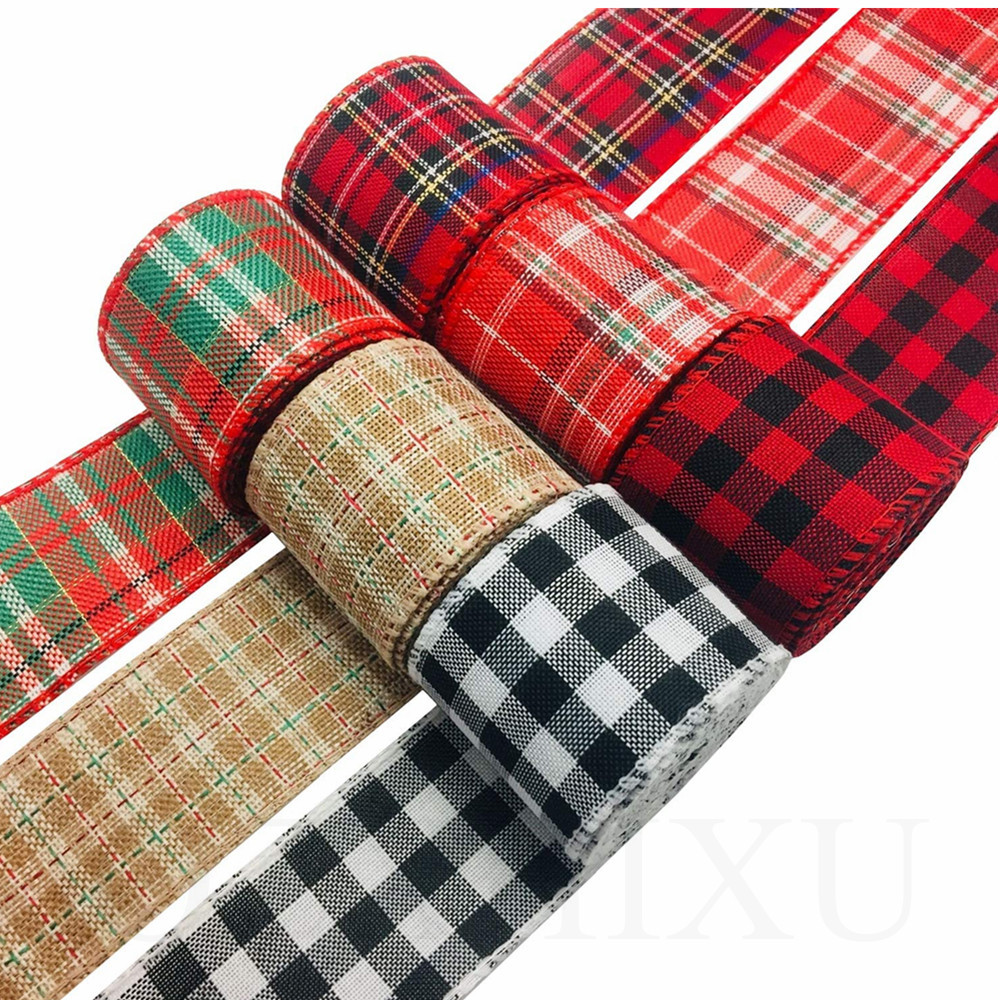 

6M/Roll Craft Ribbon Imitation Hemp Ribbon Wire Wire Edge Linen Ribbon Decoration Red and Green Snowflake Plaid Ribbon