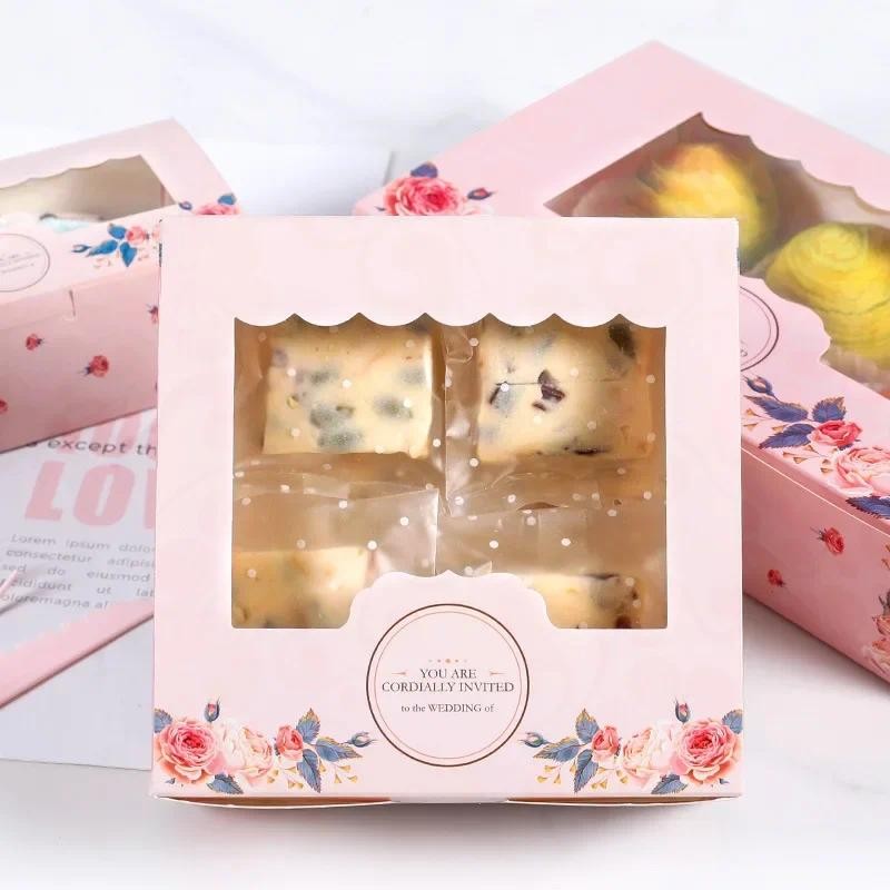 

1/10 Pc Paper Gift Box With Window Wedding Party Pink Rose Wreath Kraft Paper Cake Box Food Packaging Boxes Gift