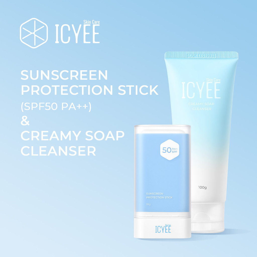 ICYEE Sunscreen Protection Stick SPF50 PA++ & ICYEE Creamy Soap Gentle Cleanser | Sunscreen Melembab