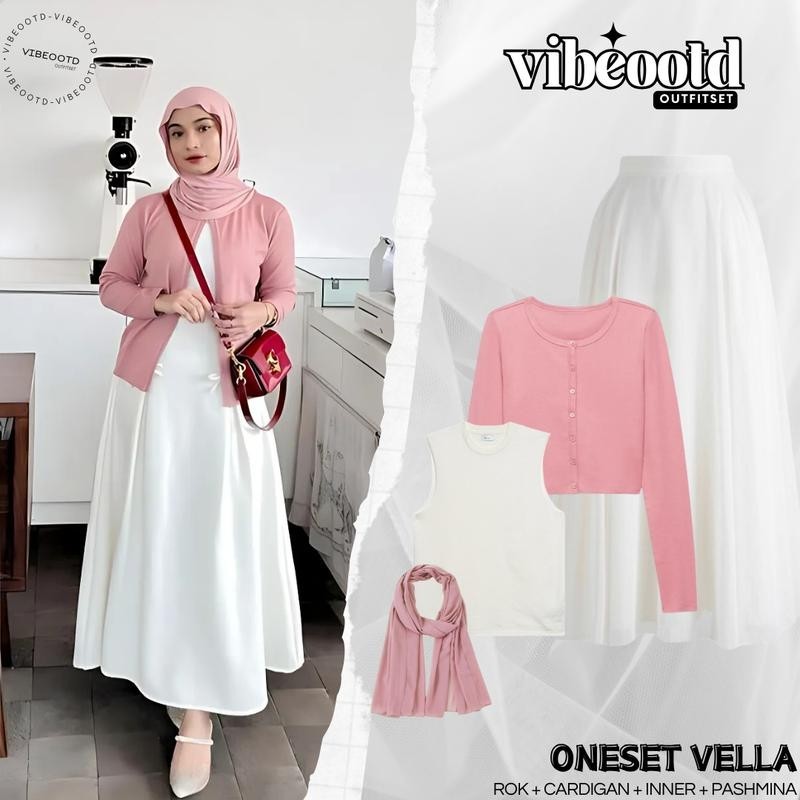 Vella Outfit Set Wanita Hijab ( Bawahan  Rok A-Line Payung Scuba Panjang  Melar  +  Baju Atasan  Out