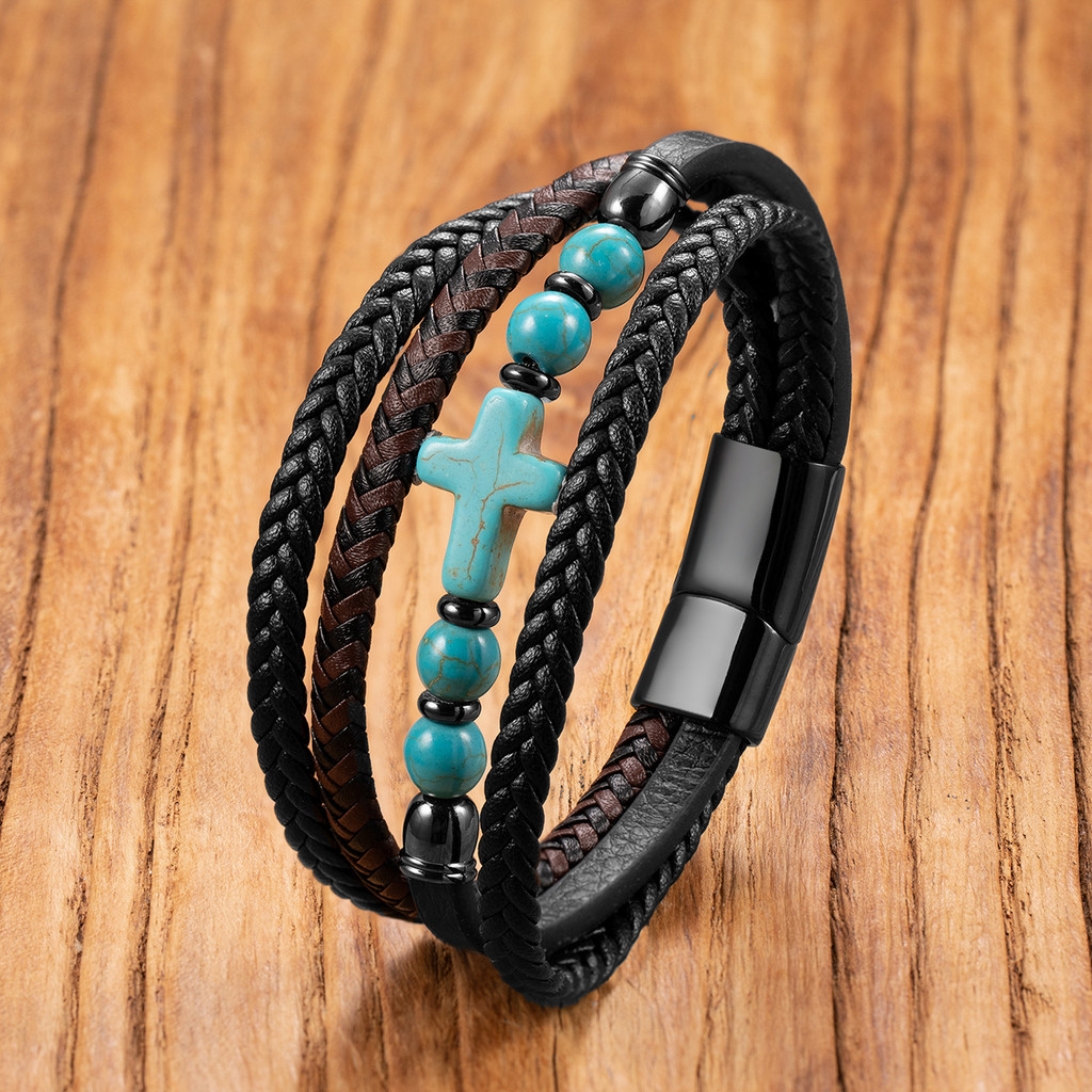 Men Natural Stone Bead Cross Bracelet Multilayer braided leather Bracelet Homme Pulser Lava Turquois