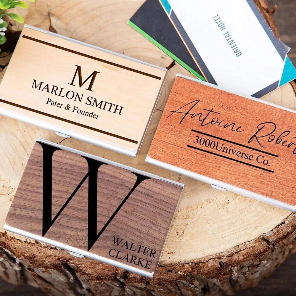 

Laser Engrave LOGO Wooden Metal High-end Business Cardcase Custom Walnut Wood Clip Personalized Card Box for Company Family